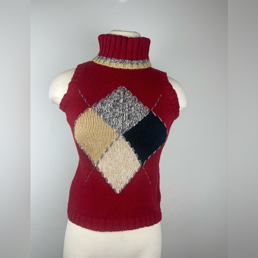 Vintage Arizona Jeans Women Turtleneck Crochet Knit Vest Argyle Academia Preppy